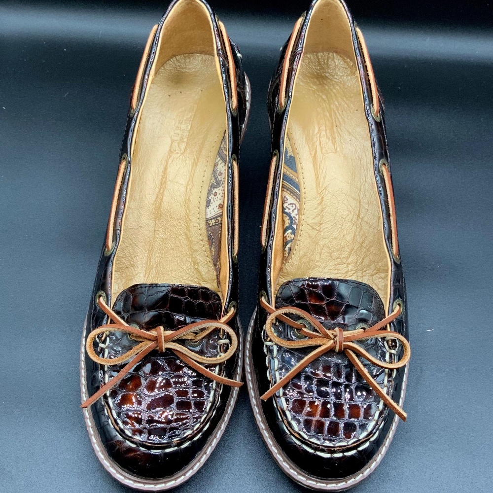 Sperry Topsider Wedge Slip-on Dark Brn Croc Embossed Leather Women's 9.5M Preown